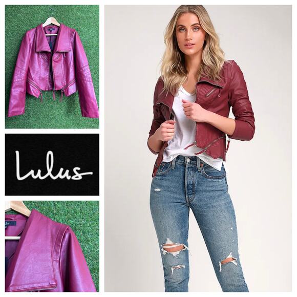 NWT Lulus Up on a Tuesday Vegan Leather Jacket Burgundy Moto Size M Medium - Picture 1 of 10